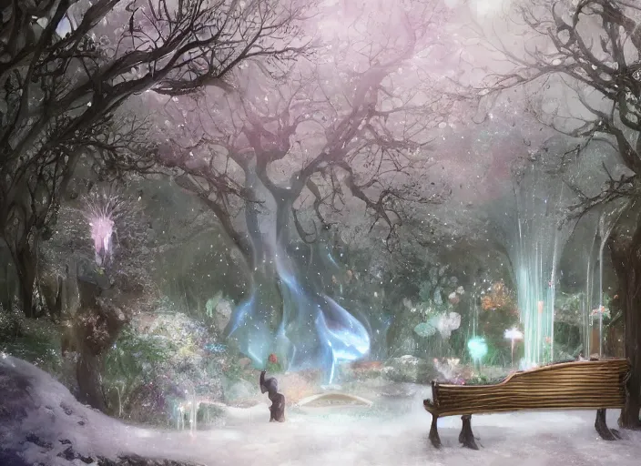 Prompt: a magical mystical fantasy fae garden full of benches, a fountain, and a tree of life. Atmospheric lighting, romantic, cold lighting, snowy. By Makoto Shinkai, Stanley Artgerm Lau, WLOP, Rossdraws, James Jean, Andrei Riabovitchev, Marc Simonetti, krenz cushart, Sakimichan, D&D trending on ArtStation, digital art.