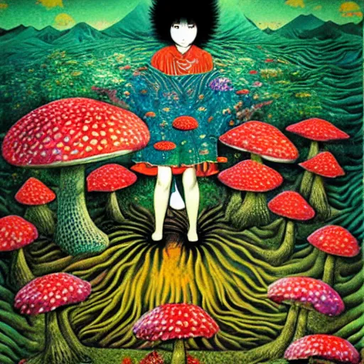 Image similar to a japanese psychedelic love goddess, a sense of awe, offering mushrooms, illustration, slime, amanita - muscaria, elegant, hyper realistic, super detailed, by tadanori yokoo