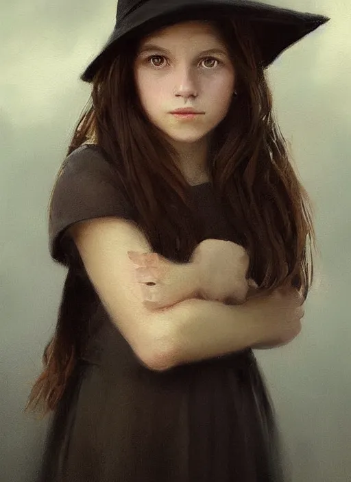 Prompt: a portrait of a thirteen year old girl with brown hair. she is wearing a simple dress and a black pointed witch hat. beautiful painting with highly detailed face by greg rutkowski and magali villanueve