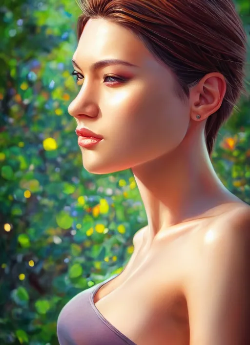 Image similar to photo of a gorgeous female in the style of stefan kostic, realistic, professionally, half body shot, sharp focus, 8 k high definition, insanely detailed, intricate, elegant, art by stanley lau and artgerm, bokeh foliage