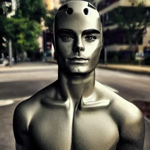 Image similar to “a realistic detailed photo of a guy who is an attractive humanoid who is half robot and half humanoid, who is a male android, Zac Efron, shiny skin, posing like a statue”