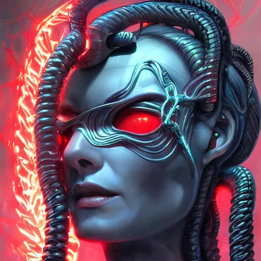 Image similar to medusa as a cybernetic being by raymond swanland, highly detailed, bright tones