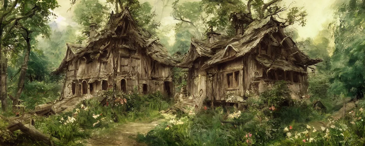 Image similar to a witches house nestled between the lush forest, trending on pixiv fanbox, painted by disney studio ghibli, eugene von guerard, ivan shishkin, john singer sargent