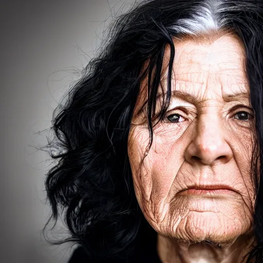 Prompt: an amazing award winning portrait photo of an older woman with black long hair, cinematic masterpiece