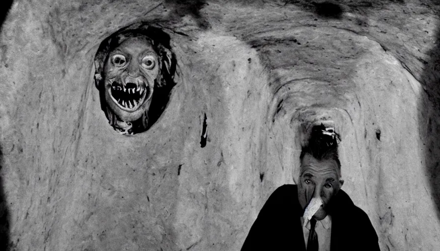 Image similar to 50s movie still close-up portrait of a skinny old man with a taxidermic bloody jaws and esoteric dress in a liminal space style tunnel, early black and white 8mm, heavy grain, low quality,