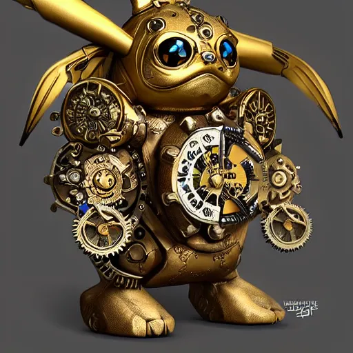 Image similar to A steampunk Pikachu made from ornate engraved full plate armor and watch gears and several jewels, macro shot by Justin Gerard, unreal engine, detailed, intricate, physically based rendering