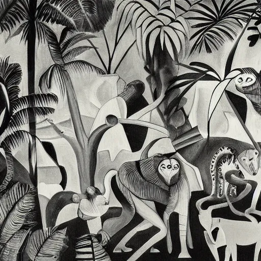 Image similar to black and white painting of the jungle with jungle animals, el guernica style,