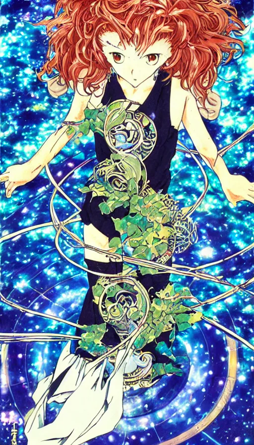 Prompt: anime tarot card based on the card Judgement, drawn by hideaki anno, beautiful lines, cosmic, psychedelic, detailed