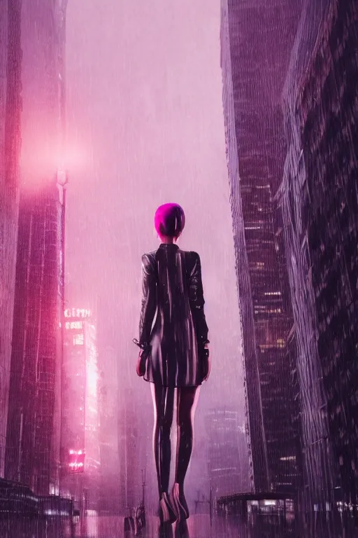 Prompt: city of the future, many skyscrapers, blade runner style, hyper - realistic, octane render, realistic, real, street, rain, beautiful girl with umbrella wearing bikini and clear raincoat with pink hair, cinematic, 8 k, very intricate, 8 0's, night