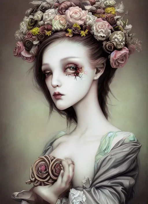 Prompt: pop surrealism, lowbrow art, realistic cute bride ghost girl painting, japanese street fashion, hyper realism, muted colours, rococo, natalie shau, loreta lux, tom bagshaw, mark ryden, trevor brown style,