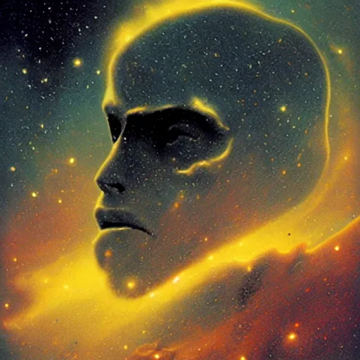 Image similar to a face in a nebula, as seen from the surface of a barren, desolate world, horror david a. hardy