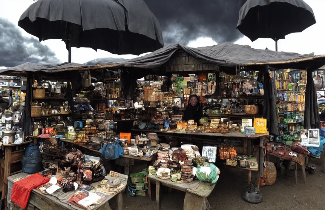 Image similar to market stall in Mordor with a very dark atmospheric sky. A hideous faced orc is selling arcane wares and animal body parts