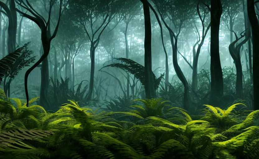 Image similar to a beautiful render of a dark prehistoric fern forest, lush flora, patches of yellow sky, dark green leaves, blue shadows, intricate detail, hazy, humid, volumetric lighting, 8 k, photorealistic, raytracing effects, unreal engine 5