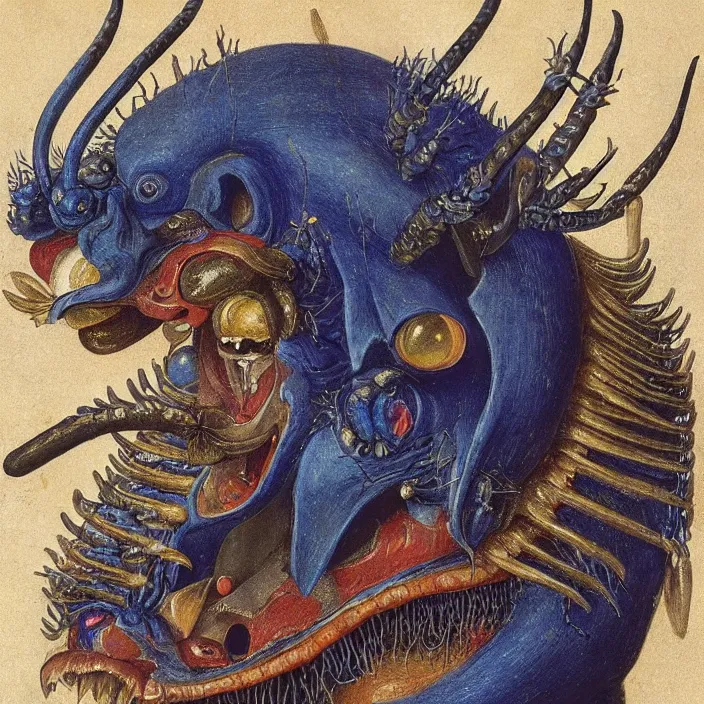 Image similar to close up portrait of a mutant monster creature with four lapis - lazuli eyes, knife - like teeth, round conch fractal horns, insect antennae. jan van eyck, audubon