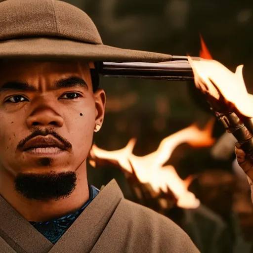 Image similar to cinematic film still of Chance The Rapper starring as a Samurai holding fire, Japanese CGI, VFX, 2022, 40mm lens, shallow depth of field, film photography