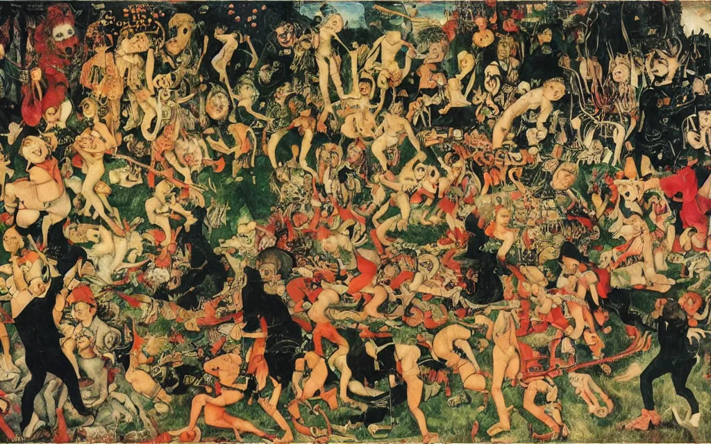 Prompt: artwork by Albrecht Altdorfer, Hans-Joachim Bohlmann, Trevor Brown, Henry Darger, Lucas Cranach the Elder, Jean Dubuffet, Albrecht Durer, Max Ernst, Paul Gauguin, Masanao Hirayama, Hans Holbein, Tsurisaki Kiyotaka, Pierre Klossowski, Jon Rafman, Henri Rousseau, Luigi Serafini, Yves Tanguy, and Unica Zurn