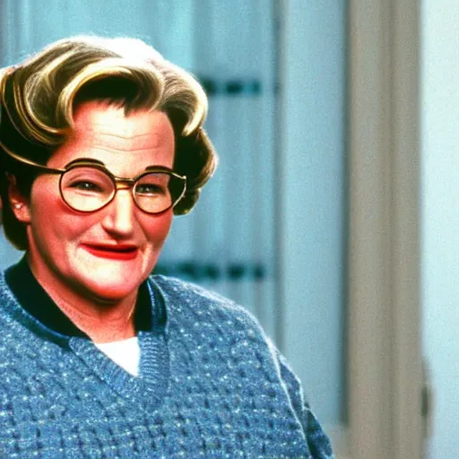 Prompt: robin williams dressed as mrs doubtfire in the movie mrs doubtfire ( 1 9 9 3 ), movie still, realistic, 4 k,