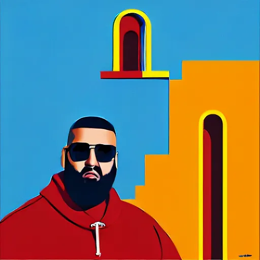 Image similar to ultra realistic portrait of dj khaled in a studio, ultra detailed, under blue, red and yellow cinematic lighting, salvador dali, cartoon, monument valley, escher