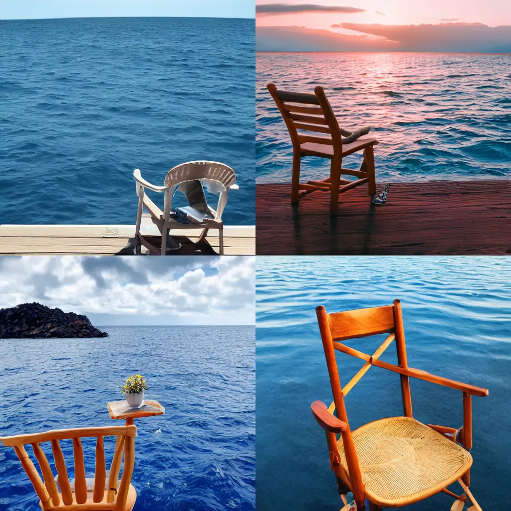 Prompt: A juniper berry sat on a chair in the middle of the ocean