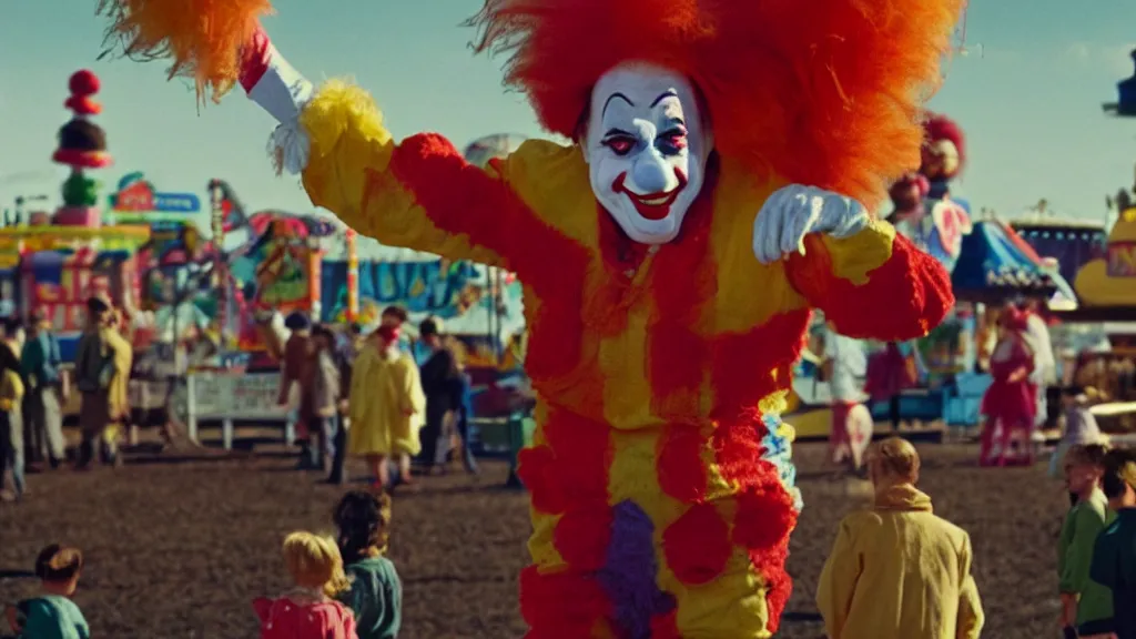 Image similar to the 5 0 foot clown at the fair, film still from the movie directed by denis villeneuve and david cronenberg with art direction by salvador dali and dr. seuss