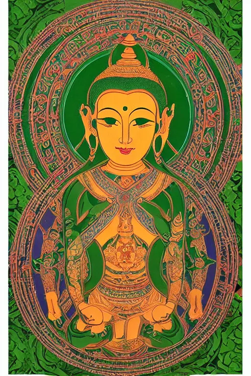 Image similar to A very Beautiful Green Tara portrait, a geometric figure representing the universe in tibet and Buddhist symbolism, Shine in of the Mandala background by H. R. Giger,portrait,ཐང་ཀ་,ཛཾ་བྷ་ལ།,symmetrical, 8k resolution, photorealistic, high detail ,Unreal Engine, Trending on artbreeder. Green color scheme