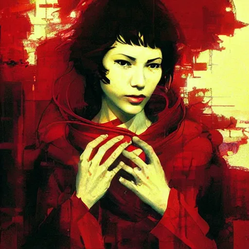 Image similar to portrait of a nostalgic latina in red monk habit being progressively rasterized into pixels from another world, she is surrounded by digital birds, oil on canvas by yoji shinkawa, esao andrews, dave mckean and stina persson