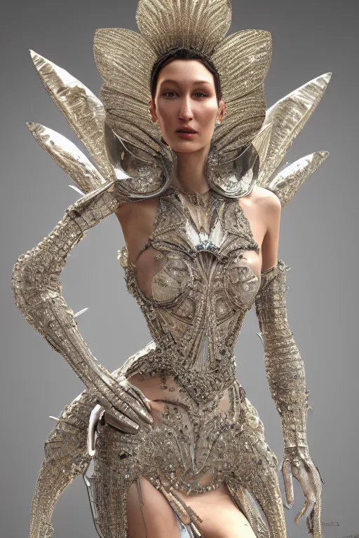 Prompt: a highly detailed 4 k render portrait of a beautiful tall alien goddess bella hadid in iris van herpen dress armor schiaparelli in diamonds and jewelry in style of alphonse mucha trending on artstation made in unreal engine 4