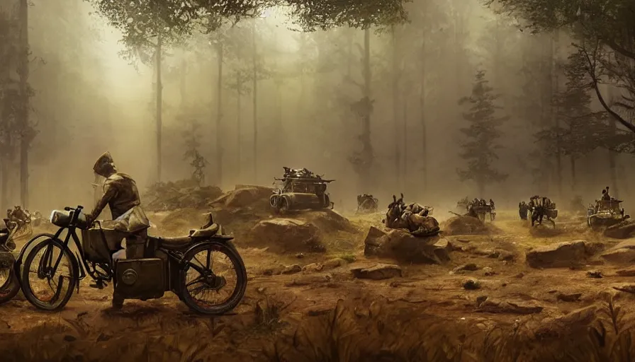 Image similar to british officer driving a motorcycle in 1921 in kerala forest road, tribe members attacking, furious action scene, chase, an epic fantasy, dramatic lighting, cinematic, establishing shot, extremely high detail, photorealistic, cinematic lighting, artstation, by simon stalenhag, horizon forbidden west