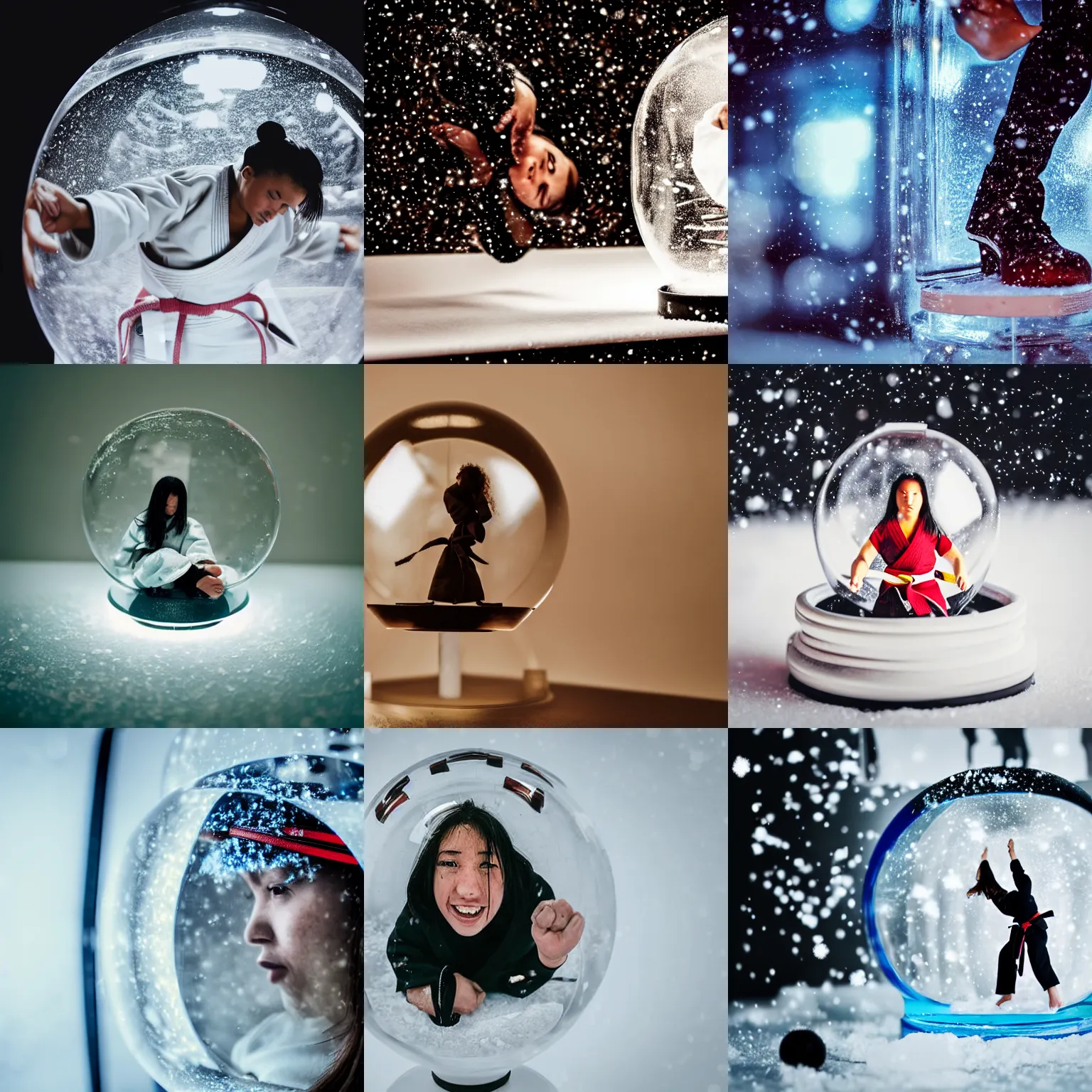 Prompt: Young black belt judo woman trapped, inside a giant snowglobe on a shelf, macro photography