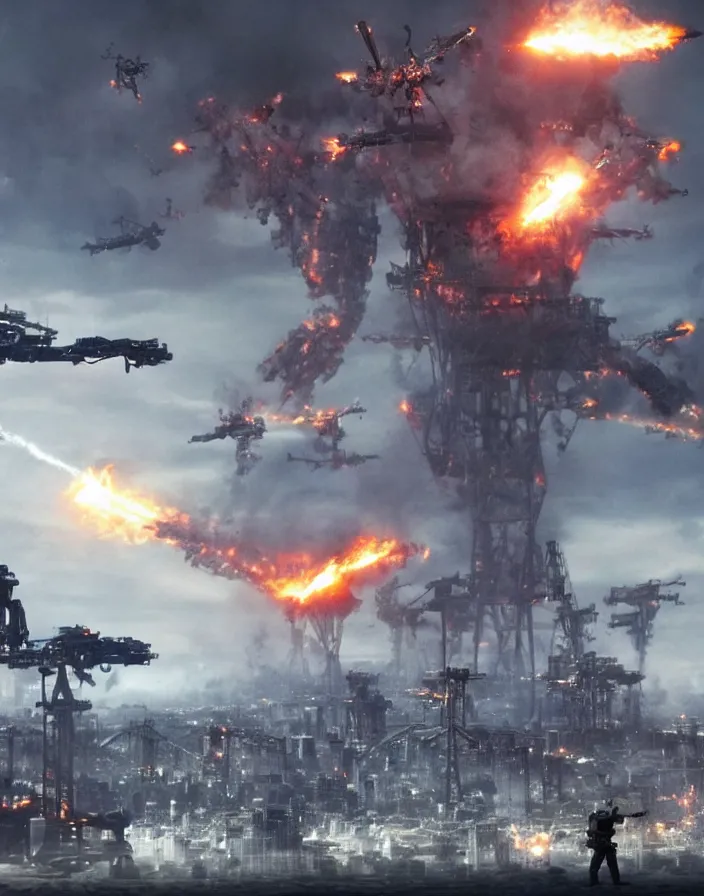 Image similar to giant robotic aliens attacking city, people watch from oil rig platform they have fled the city and watch as it burns, helicopters and fighter jets flying by shooting at the giant robotic aliens, clone army destroying humans in the city, humans vs the robots, in the style of terminator salvation