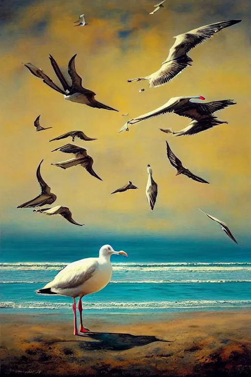 Prompt: surreal landscape, surrealism, beach, seagulls, esao andrews, victor enrich, dali