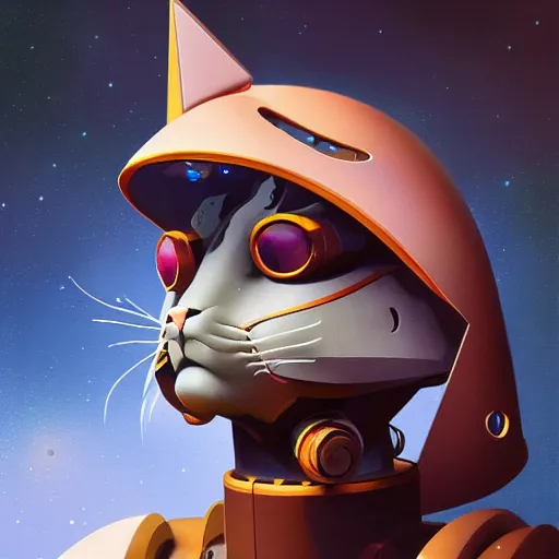 Prompt: a futuristic robotic cat wearing a hat, medium shot, asymmetrical, profile picture, organic painting, nebula, matte painting, bold shapes, hard edges, street art, trending on artstation, by huang guangjian and gil elvgren and sachin teng