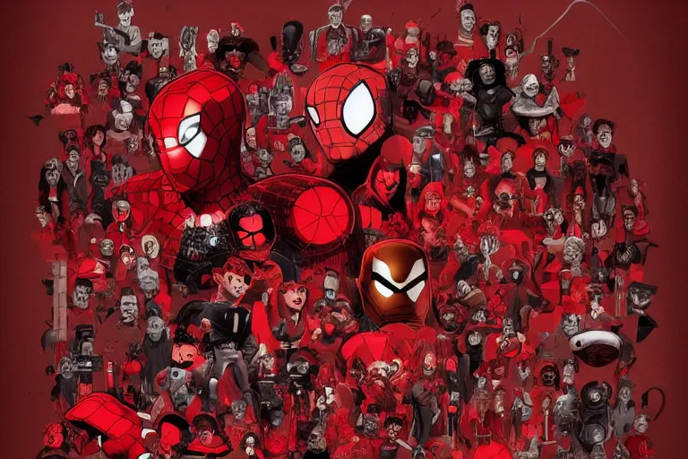 Image similar to red themed mashup with movie characters, marvel, disney, indie, highly detailed, featured on artstation, highly detailed, abstract