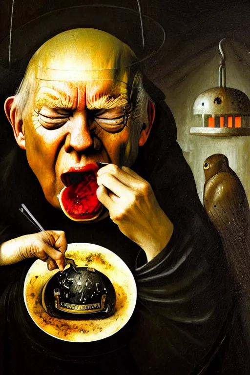 Image similar to hieronymus bosch, greg rutkowski, anna podedworna, painting of donald trump eating state secrets in jail, extreme close up