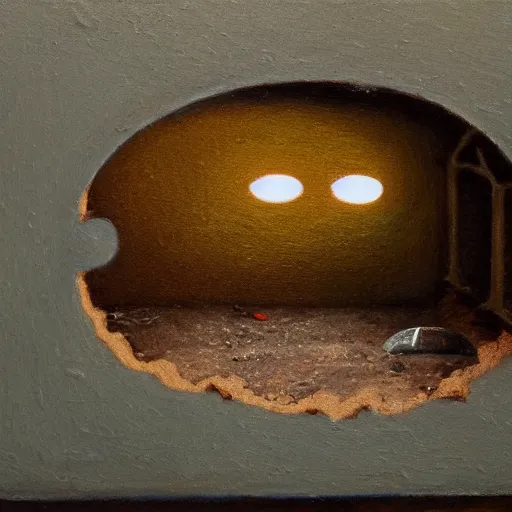 Prompt: A detailed shot of the interior of a mouse hole in the wall, wide shot, hyperealism, oil painting