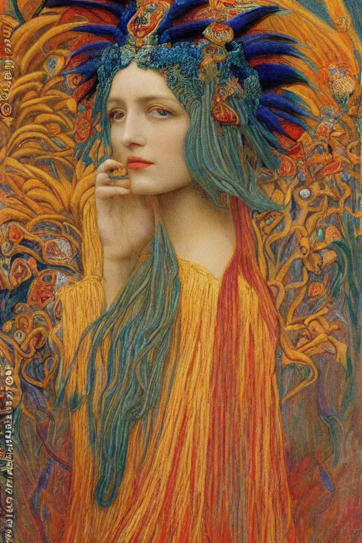 Prompt: queen of spring, by jean delville and Gaston Bussière and Tino Rodriguez and Diego Rivera , elaborate headdress and embroidered velvet, iridescent beetles, rich color, dramatic cinematic lighting, extremely detailed