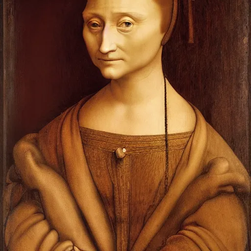 Prompt: a portrait of an old noble woman, tan skinned with brown hair by leonardo da vinci