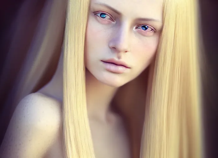 Prompt: portrait photography of a beautiful woman how Botticelli beauty type in style of Giovanni Gastel, britt marling style 3/4 , natural color skin, realistic detailed eyes, long blond hair are intricate with intricate ornamental hairstyle, a beautiful ethereal transparent dress, 8K, soft focus, melanchonic soft light, volumetric lighting, highly detailed Realistic, Refined, Highly Detailed, natural sunset outdoor soft pastel lighting colors scheme, soft blur outdoor lighting, fine art fashion photography
