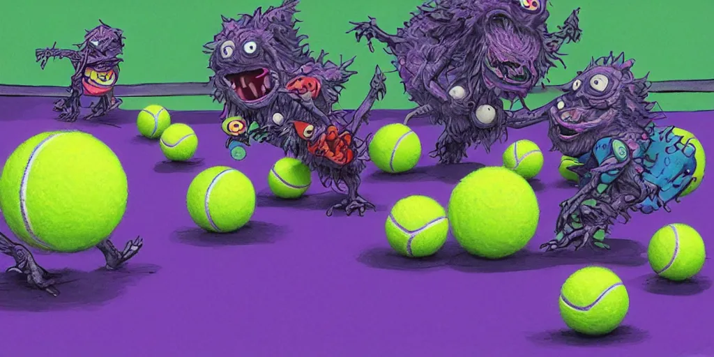 Image similar to tennis ball monsters playing on a tennis court, tennis court, purple, digital art, fantasy, magic, chalk, chalked, trending on artstation, ultra detailed, detailed, fine details, professional illustration by basil gogos