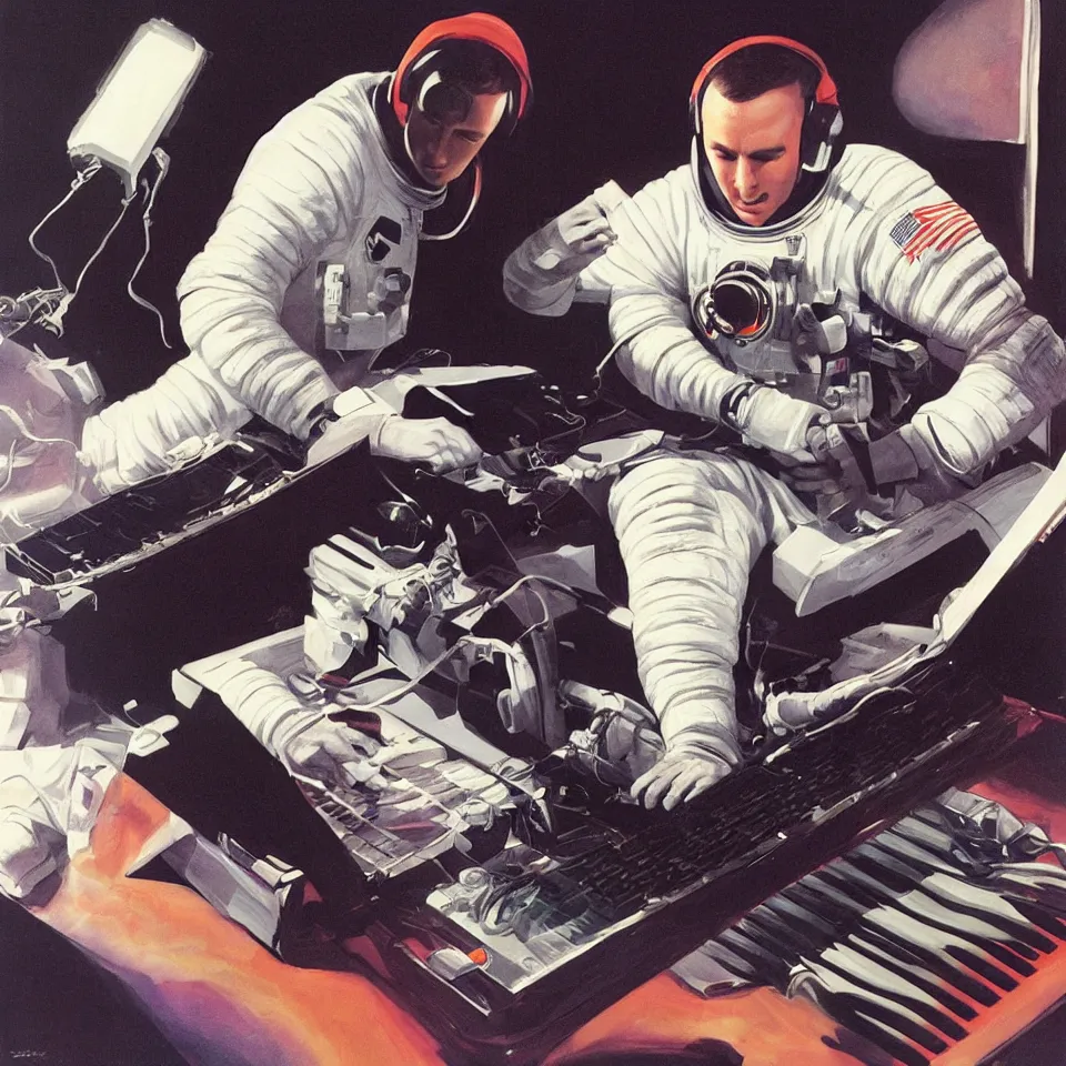 Prompt: astronaut with headphone playing keyboard, illustrated by alex ross