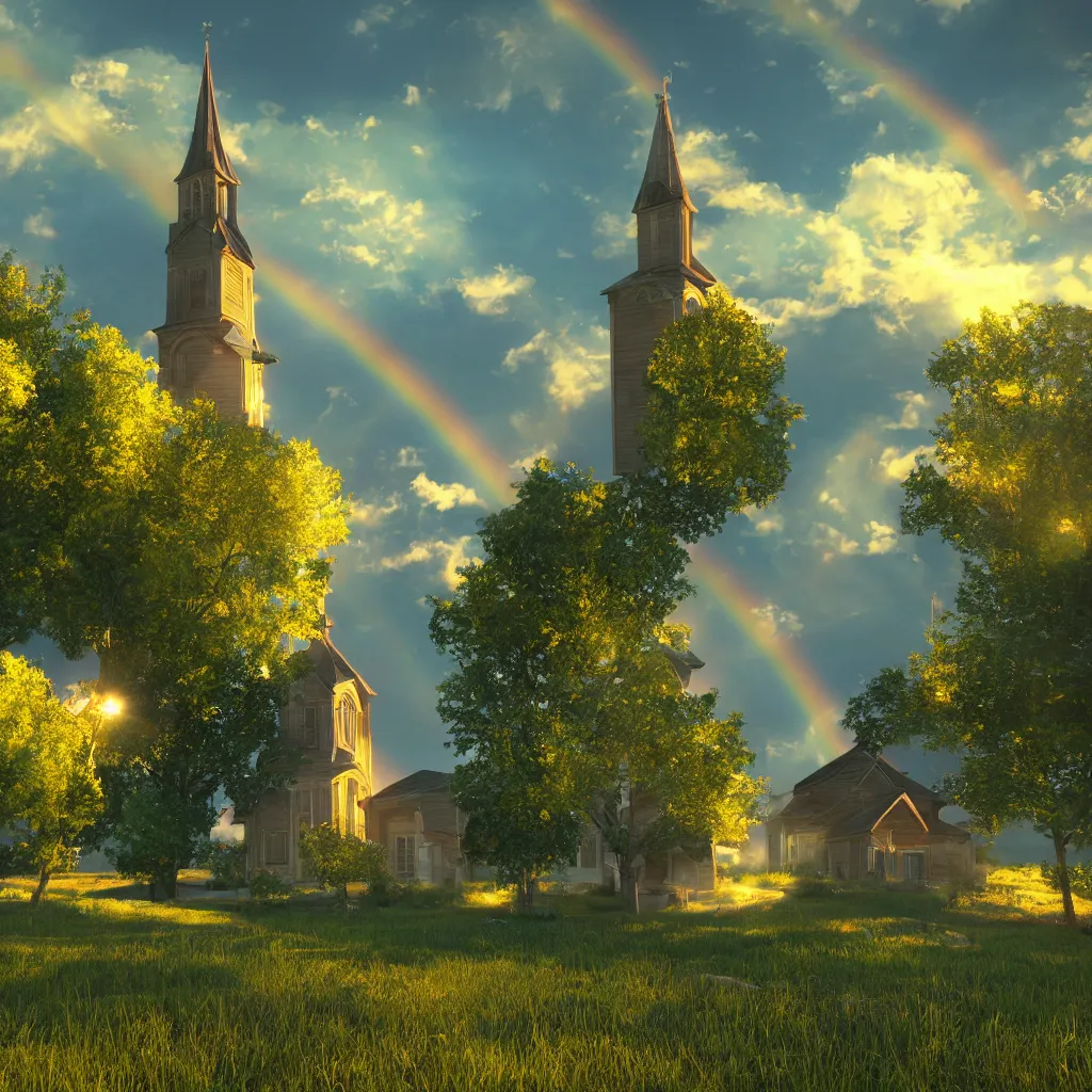 Image similar to iridescent chapel with a steeple in an old green courtyard meadow, gold and blue glow sparkles floating around in the air and sky, rainbows atmospheric, volumetric, photoreal, unreal engine, ray - tracing, film still, artstation, 8 k