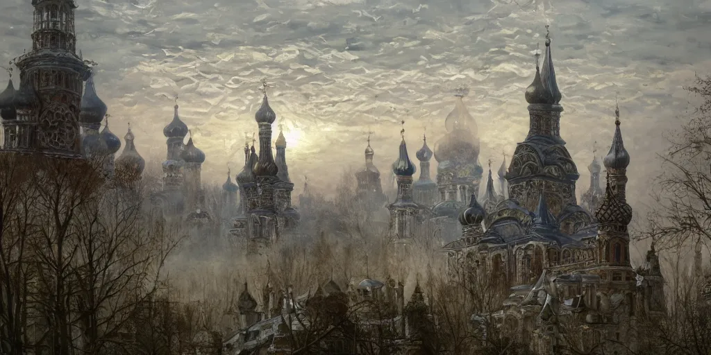 Prompt: beautiful magical ancient Slavic city of Kitezh in mist, magic lights, magic mist, strange buildings, oil painting, painting by Viktor Vasnetsov, concept art, fantasy cityscape, ancient Russian architecture, painting by Ivan Shishkin, hyperborea, high resolution, trending on artstation, hyperrealism