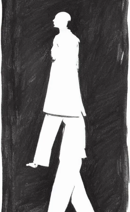 Prompt: symmetry!! black and white silhouette drawing of a person walking, white background by stanhope forbes