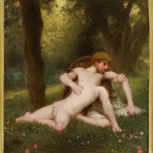 Image similar to Springtime, by Pierre-Auguste Cot, depicting two adult male lovers