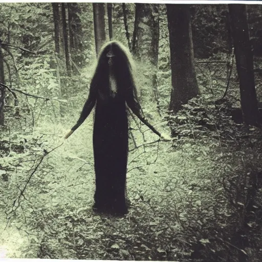 Prompt: found photo of a creepy beautiful witch woman with long hair floating in a forest, magical dark and spooky, flash photography