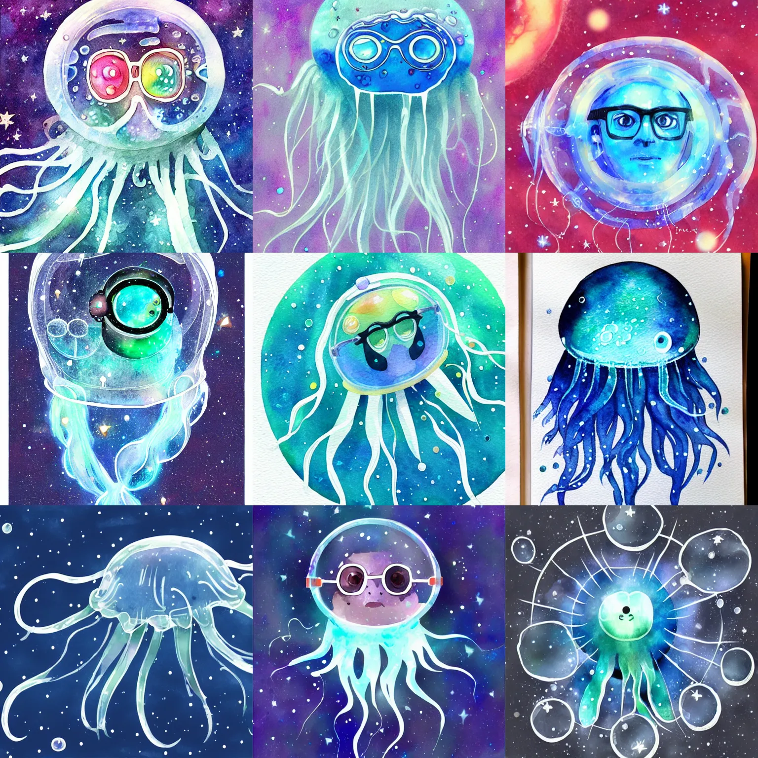 Prompt: a space jellyfish wearing glasses, glasses frames, artstation, stars, water bubbles, watercolor