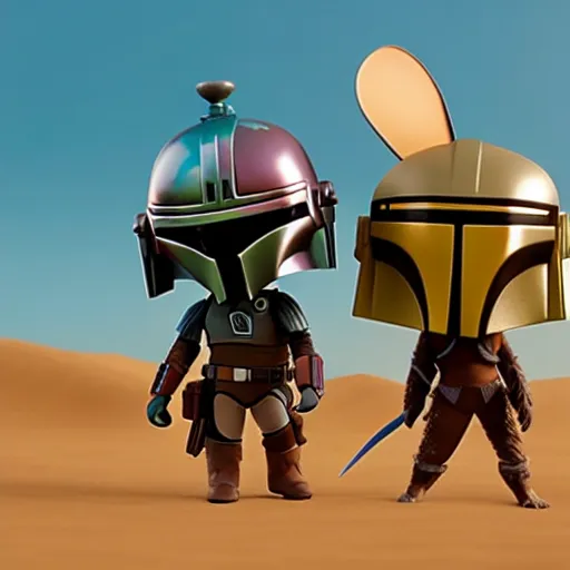 Prompt: mandalorian as nendoroid walking in a desert with two moons in the croods movie style, muted colours, anime, disney, pixar, 8 k, hd, dof, kodak film, volumetric lighting, subsurface scattering, photorealistic, octane render, details