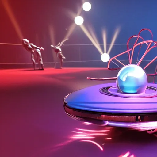 Image similar to promotional movie still wide - angle 3 0 m distance. nanorobots ( ( cat ) ) 1 million into the future ( 1 0 0 2 0 2 2 ad ). super deadly. nanorobots like disco music, disco balls, dance - off contests. dramatic lighting, cinematic lighting, octane 3 d render, saturday night fever ( film )
