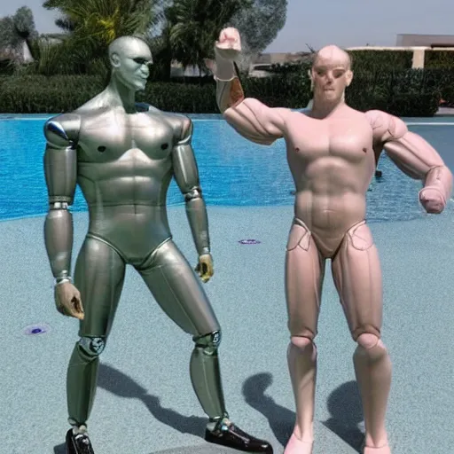 Prompt: a realistic detailed photo of a guy who is an attractive humanoid who is half robot and half humanoid, who is a male android, wrestler bryce meredith, shiny skin, posing like a statue, blank stare, by the pool, on display, showing off his muscles, humanoid robot, frozen ice statue