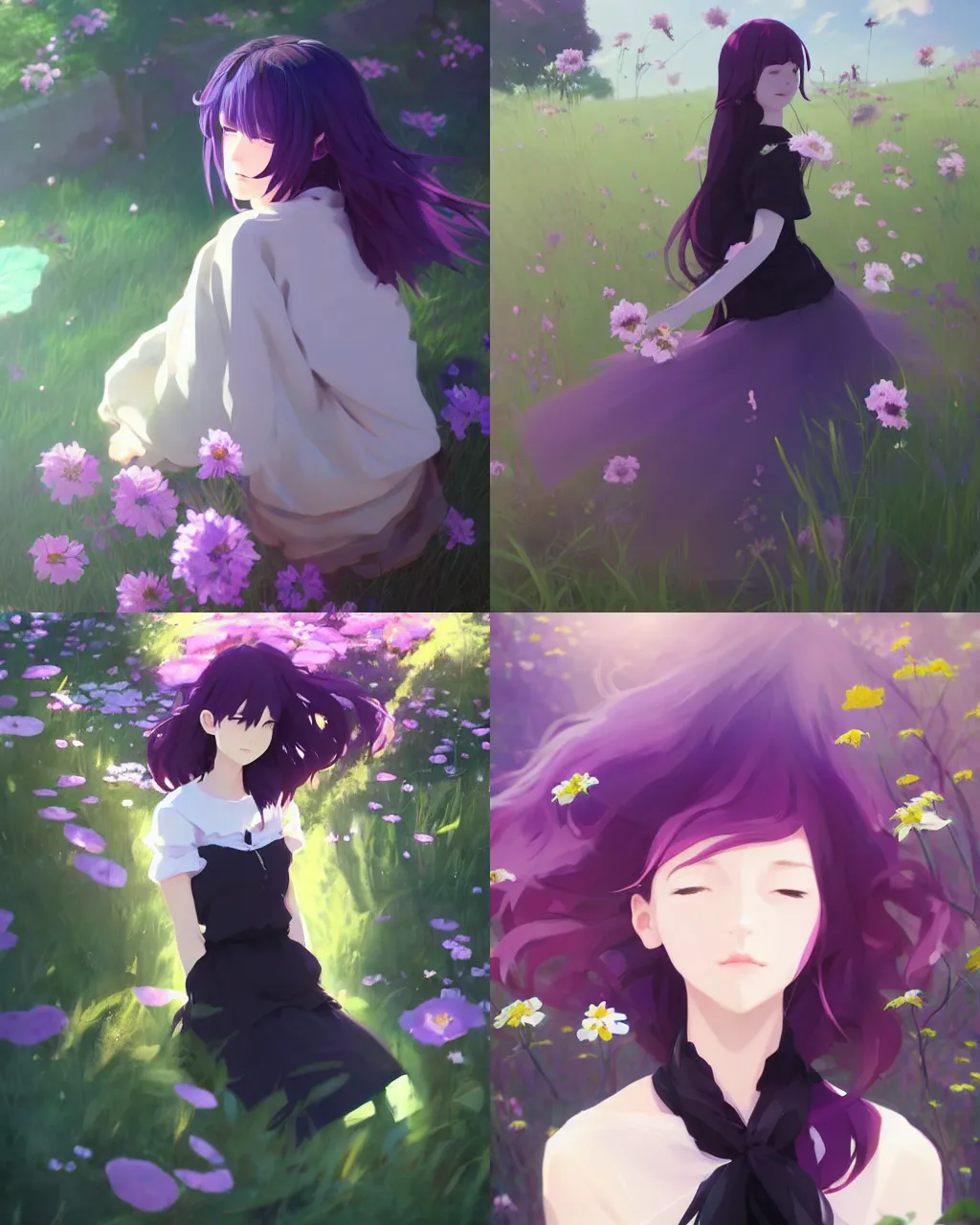 Image similar to girl with purple hair and black skirt, there are many flowers around, a beautiful portrait, top lighting, perfect shadow, soft painting, art by hidari and makoto shinkai and wenjun lin